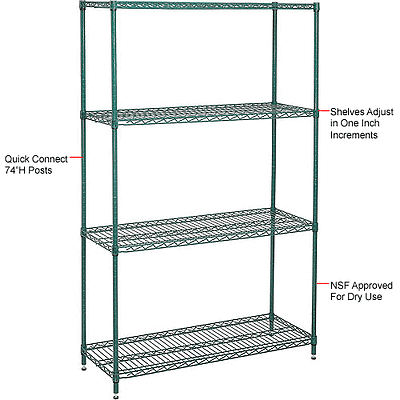 Nexel Wire Shelving Kit 36"W x 24"D x 74"H Green Epoxy 4 Shelves & Poles NSF