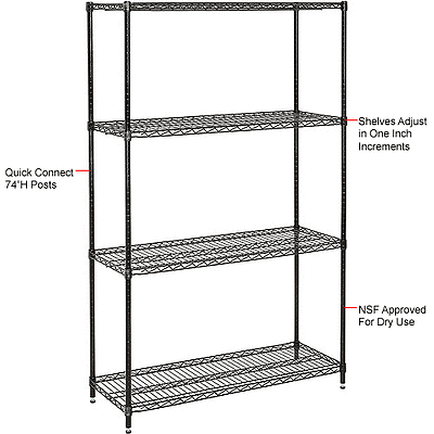 Nexel Wire Shelving Kit 48"W x 18"D x 74"H Black Epoxy 4 Shelves & Poles NSF