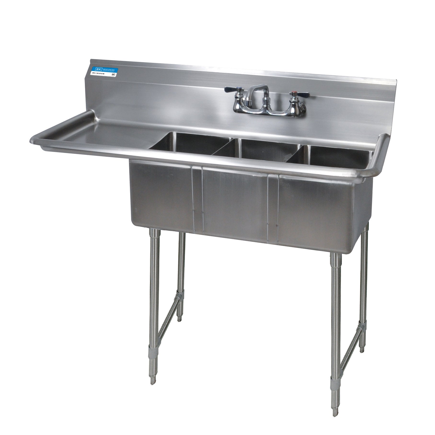 BK Resources 3 Compartment Sink 10 X 14 X 10D 15" Left Drainboard With Stainless Steel Legs & Bracing