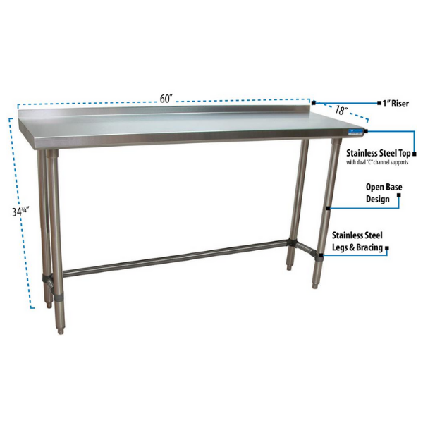 BK Resources (VTTROB-1860) 18" X 60" T-430 18 GA Table Stainless Steel 1.5" Riser Open Base