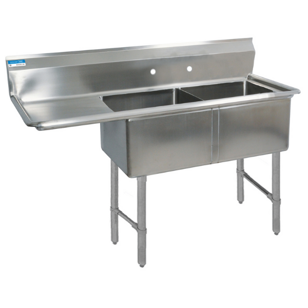 BK Resources 2 Compartment Sink 8 X 18 X 12D 18" Left Drainboard With Stainless Steel Legs & Bracing