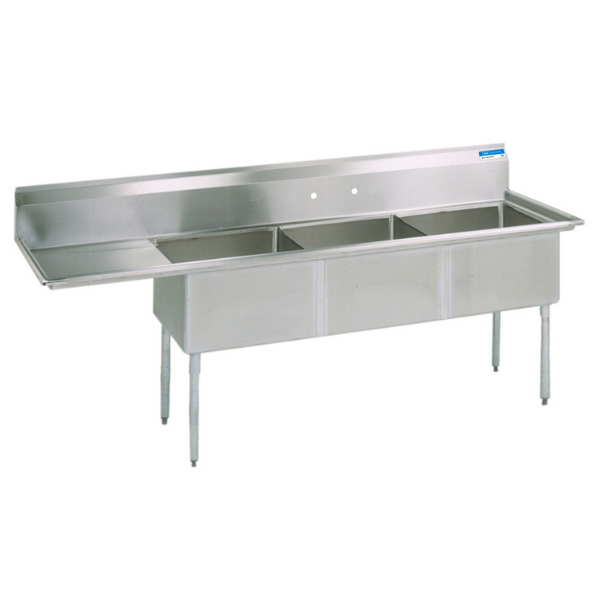 BK Resources 3 Compartment Sink 18 X 18 X 12D 18" Left Drainboard