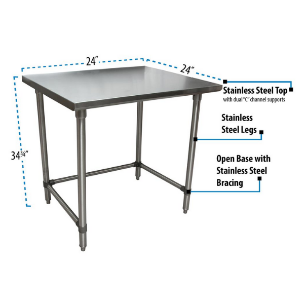 BK Resources (SVTOB-2424) 24" X 24" T-430 18 GA Stainless Steel Table Top Open Base