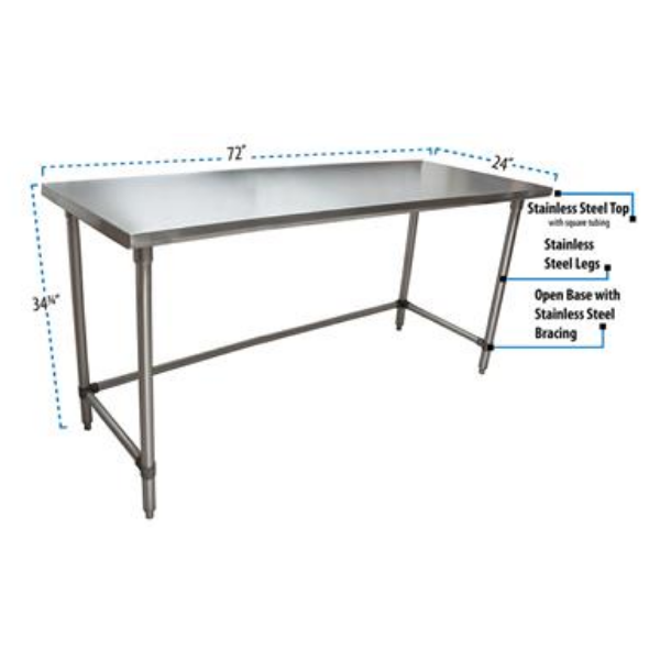 BK Resources (QVTOB-7224) 14 GA. T-304 72 X 24 Table Stainless Steel Open Base