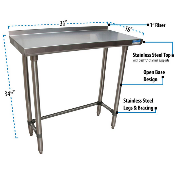 BK Resources (VTTROB-1836) 18" X 36" T-430 18 GA Table Stainless Steel 1.5" Riser Open Base