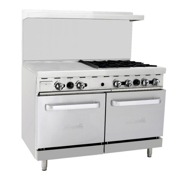 Migali-C-RO4-24GL-LP 4 Burner Range, 24” Griddle Left Side, (2) Ovens, Liquid Propane