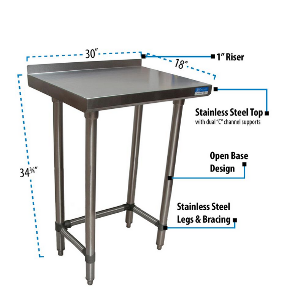 BK Resources (VTTROB-1830) 18" X 30" T-430 18 GA Table Stainless Steel 1.5" Riser Open Base