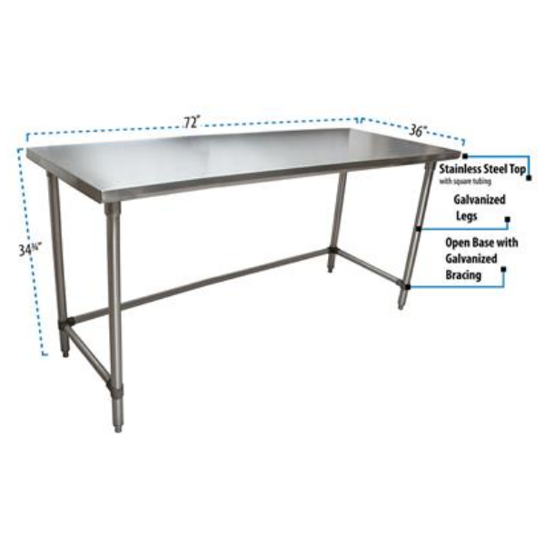 BK Resources (CTTOB-7236) 16 GA. T-304 72 X 36 Table Galvanized Open Base