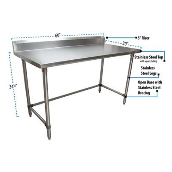 BK Resources (CVTR5OB-6030) 16 GA. T-304 5" Riser 60 X 30 Table Stainless Steel Open Base