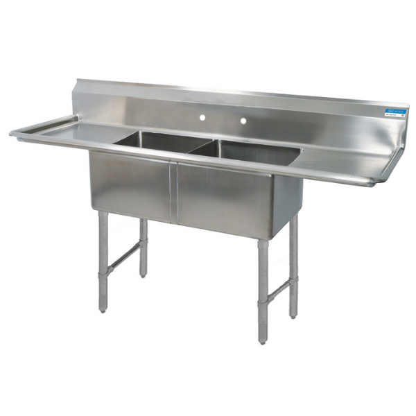 BK Resources 2 Compartment Sink 20 X 20 X 12D 2-18" Dual Drainboards With Stainless Steel Legs & Bracing