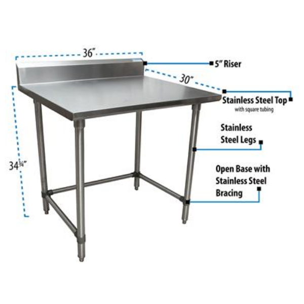 BK Resources (QVTR5OB-3630) 14 GA. T-304 5" Riser 36 X 30 Table Stainless Steel Open Base