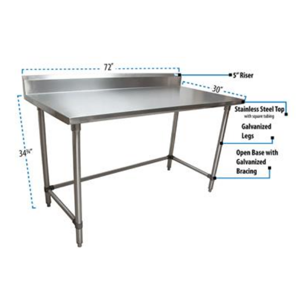 BK Resources (CTTR5OB-7230) 16 GA. T-304 5" Riser 72 X 30 Table Galvanized Open Base