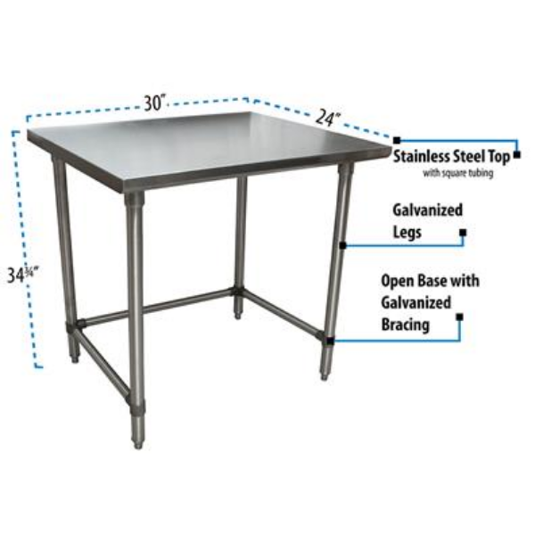 BK Resources (CTTOB-3024) 16 GA. T-304 30 X 24 Table Galvanized Open Base