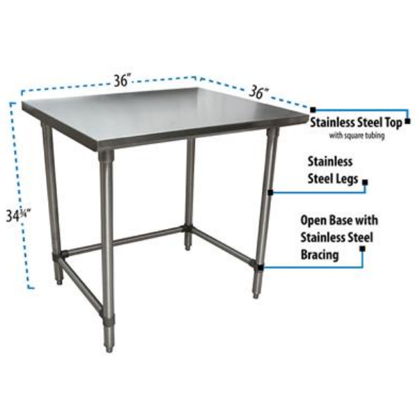 BK Resources (QVTOB-3636) 14 GA. T-304 36 X 36 Table Stainless Steel Open Base