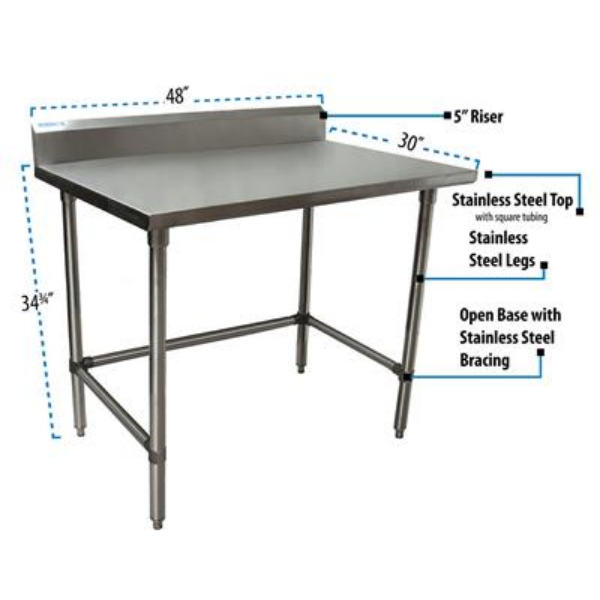 BK Resources (CVTR5OB-4830) 16 GA. T-304 5" Riser 48 X 30 Table Stainless Steel Open Base