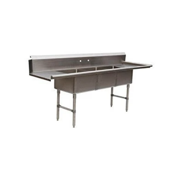 BK Resources Stainless Steel Three Compartment Dish Table with S/S Legs & End Bracing Bowl size: 20"L x 20"W x 12"D NSF Approval BKSDT-3-20-12-20LS (LEFT SIDE0