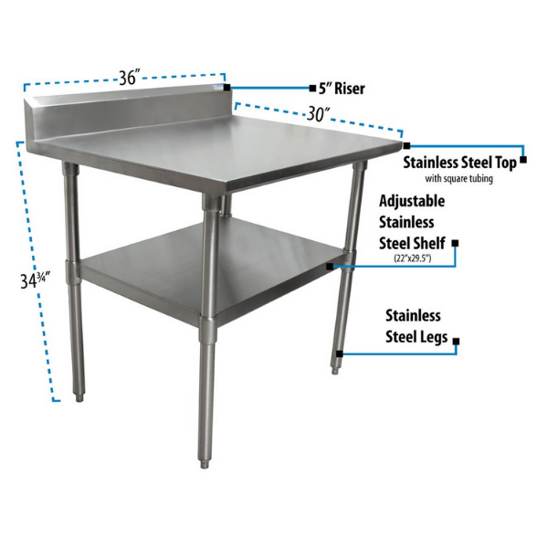 BK Resources (QVTR5-3630) 14 GA. T-304 5" Riser 36 X 30 Table Stainless Steel Base