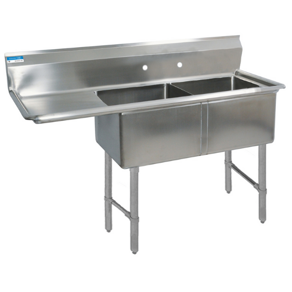 BK Resources 2 Compartment Sink 24 X 24 X 14D 24" Left Drainboard With Stainless Steel Legs & Bracing