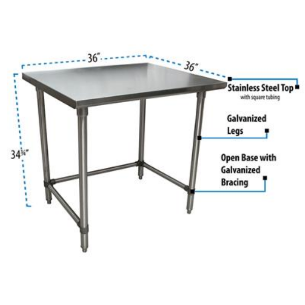 BK Resources (CTTOB-3636) 16 GA. T-304 36 X 36 Table Galvanized Open Base