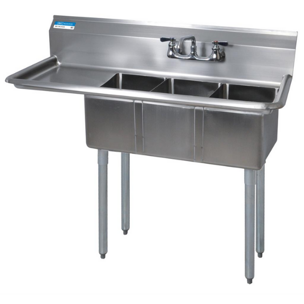 BK Resources 3 Compartment Sink 10 X 14 X 10D 15" Left Drainboard