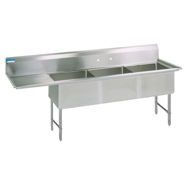 BK Resources 16 GA 3 Compartment Sink 18 X 18 X 14D Bowls, Left Drainboard