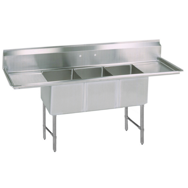 BK Resources 16 GA 3 Compartment Sink 18 X 18 X 14D Bowls, Dual Drainboards