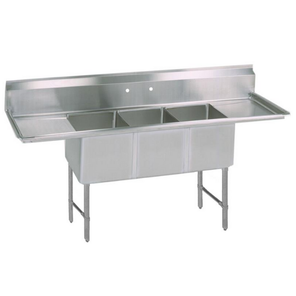 BK Resources 16 GA 3 Compartment Sink 18 X 24 X 14D Bowl, Dual Drainboards