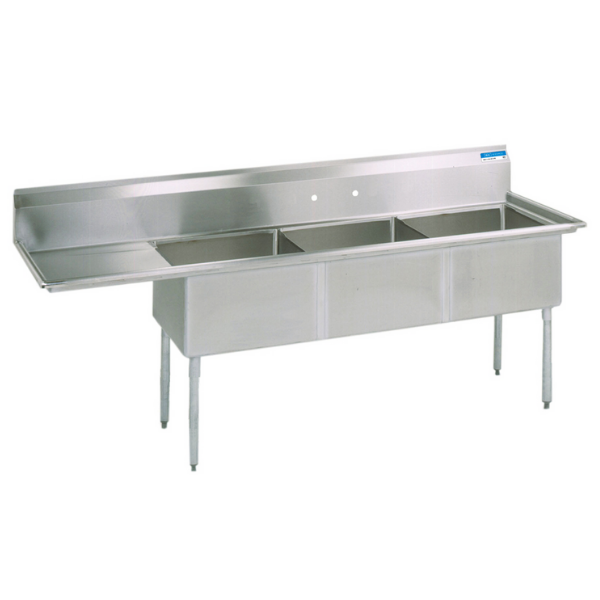 BK Resources 3 Compartment Sink 15 X 15 X 14D 15" Left Drainboard