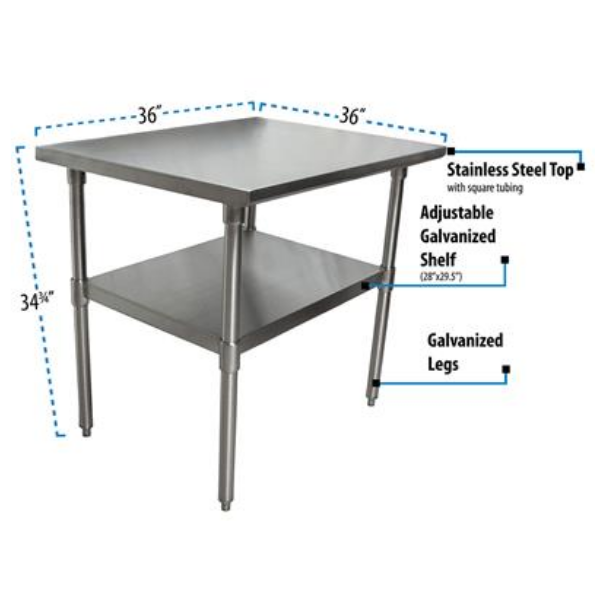 BK Resources (QTT-3636) 14 GA. 36 X 36 Table Stainless Steel Top 18 GA Galvanized Shelf