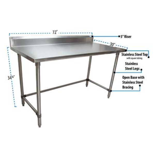 BK Resources (QVTR5OB-7230) 14 GA. T-304 5" Riser 72 X 30 Table Stainless Steel Open Base