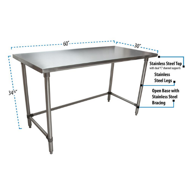 BK Resources (SVTOB-6030) 60" X 30" T-430 18 GA Stainless Steel Table Top Open Base