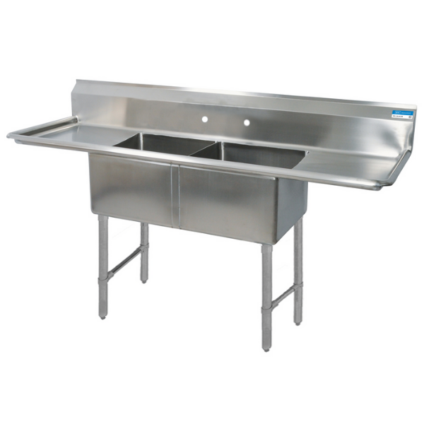 BK Resources 16 GA 2 Compartment Sink 24 X 24 X 14D Bowls, Dual Drainboard