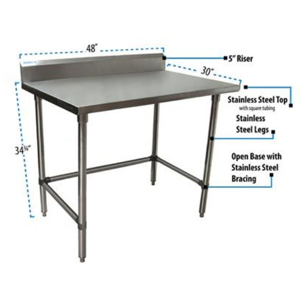 BK Resources (QVTR5OB-4830) 14 GA. T-304 5" Riser 48 X 30 Table Stainless Steel Open Base