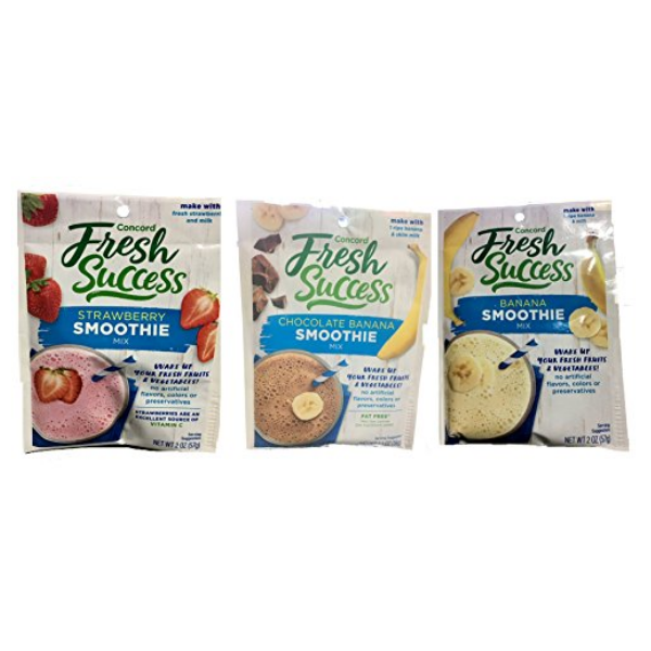 Concord Foods, 3 Breakfast Fruit Smoothie Mix Flavors: 6 Chocolate Banana 1.3 Oz Pouches, 6 Banana 1.3 Oz Pouches, 6 Strawberry 1.3 Oz Pouches