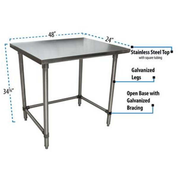 BK Resources (CTTOB-4824) 16 GA. T-304 48 X 24 Table Galvanized Open Base