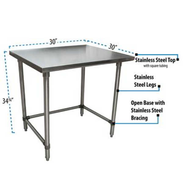 BK Resources (QVTOB-3030) 14 GA. T-304 30 X 30 Table Stainless Steel Open Base