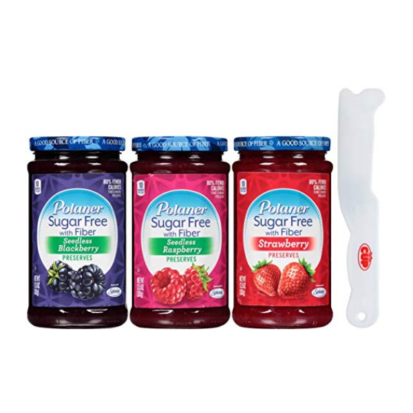 Polaner Sugar Free Preserves Sweetened with Splenda 13.5 Ounce Variety, Blackberry, Raspberry, Strawberry with By The Cup Spreader