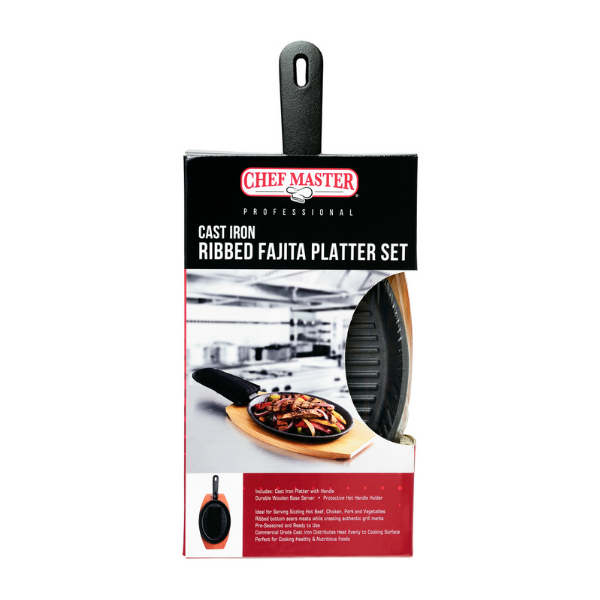 Chef Master (90201) Pre-Seasoned Cast Iron Ribbed Fajita Platter Set