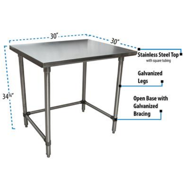 BK Resources (CTTOB-3030) 16 GA. T-304 30 X 30 Table Galvanized Open Base